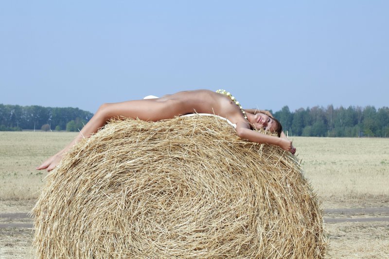 Голая девушка на сене с маленькой грудью и бритой щелкой